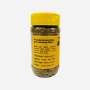 A clear plastic spice jar with a yellow lid and label, filled with Culture Hot Sauce Bar Sauce Rub from Culture Hot Sauce. The label lists suggested uses and ingredients like purple garlic, jalapeño, black pepper, and allspice, making this versatile blend perfect for adding rich flavor to your favorite dishes.