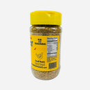 A clear plastic spice jar from Culture Hot Sauce, featuring a yellow lid and label that displays “Culture Hot Sauce Bar Sauce Rub” along with a heat scale. This versatile blend works as both an umami seasoning and a garlic rub, ideal for enhancing a range of dishes. Nutrition facts and ingredients appear on the side of the jar.