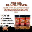 Three bottles of the Blazing Star BBQ Barbecue Bundle from Blazing Star BBQ are displayed, with text highlighting that they are MSG-free, gluten free, preservative-free, and crafted with quality ingredients. This flavorful bundle offers an all-in-one barbecue seasoning solution—perfect for any grill master. The background features scattered BBQ rub spices.