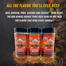 Three bottles of Blazing Star BBQ seasoning from the Blazing Star BBQ Barbecue Bundle rest on a dark surface, with delicious food displayed in the background. Bold yellow and white text highlights how these all-in-one seasonings and beef rubs elevate a variety of meats, delivering bold flavors to every cookout. Discover the ultimate Blazing Star BBQ Barbecue Bundle—perfect for grilling enthusiasts.
