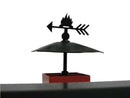 The Smokin Brothers Barn Chimney Cap with Weathervane by Smokin Brothers features a black metal arrow weathervane with a flame design mounted on a round chimney cap roof vent cover with a red base, displayed against a plain white background.