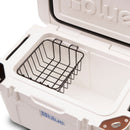 A black wire basket from the Blue Coolers Pro Accessory Kit For Ark 100 110 Quart Coolers placed inside an open white cooler.