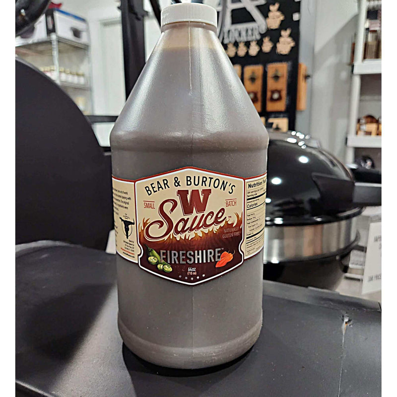 Bear & Burton’s Fireshire W Sauce 64 oz bottle with spicy Worcestershire flavor featuring cayenne, habanero, and ghost pepper