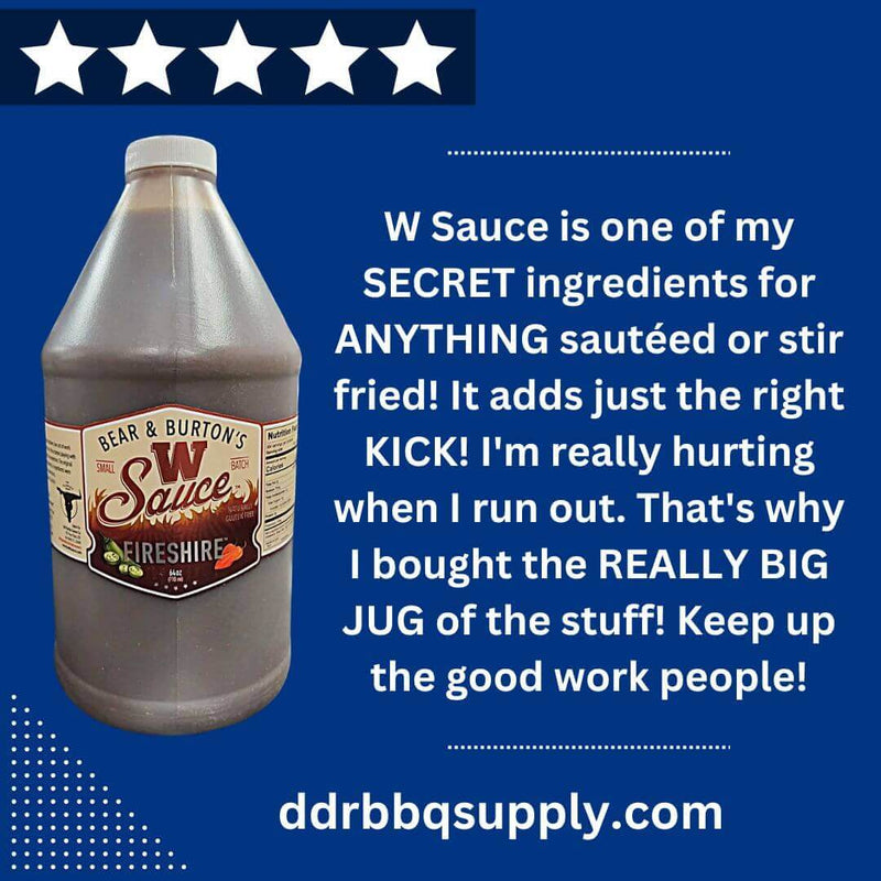 Bear & Burton’s Fireshire W Sauce 64 oz bottle with spicy Worcestershire flavor featuring cayenne, habanero, and ghost pepper