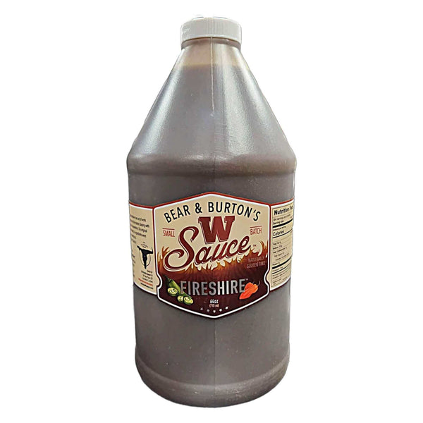 Bear & Burton’s Fireshire W Sauce 64 oz bottle with spicy Worcestershire flavor featuring cayenne, habanero, and ghost pepper