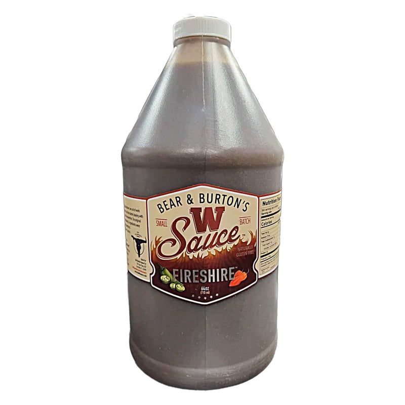 Bear & Burton’s Fireshire W Sauce 64 oz bottle with spicy Worcestershire flavor featuring cayenne, habanero, and ghost pepper