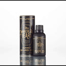 A bottle and cylindrical package of The Immaculate Beard Immaculate Fast Absorbing Beard Oil For Men Softens Skin, featuring gold and white text on a black background, are displayed on a white surface with a simple, clean backdrop—perfect for those seeking premium beard conditioning.