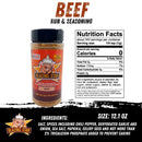 A bottle from the Blazing Star BBQ Ultimate Seasoning Bundle by veteran-owned brand Blazing Star BBQ, featuring the spicy Beef Rub & Seasoning made with salt, spices, dehydrated garlic and onion, sea salt, paprika, celery seed, and tricalcium phosphate. Each 1/4 tsp serving has 0 calories.