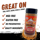 A bottle of Blazing Star BBQ’s Blazing Star Beef Rub and Seasoning is shown, accompanied by text highlighting its MSG-free, gluten-free, preservative-free formulation made with quality ingredients. The label features a cartoon cow wearing a chef’s hat against a starburst background.