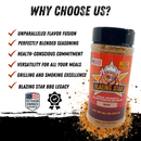 A bottle of Blazing Star BBQ's Blazing Star Beef Rub and Seasoning is displayed on a white background, featuring text highlighting its benefits and icons that showcase it as a veteran-owned, award-winning product. Ideal for use as a brisket or steak seasoning, this bold beef rub elevates the flavor of any cut.
