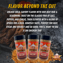 Three bottles of Blazing Star BBQ's Blazing Star Beef Rub and Seasoning are showcased in front of cooked steak and fresh herbs, with bold text emphasizing the rich flavor of this premium seasoning and its recommended use as a beef rub or brisket seasoning, perfect for enhancing beef, steak, brisket, and chicken.