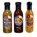 Big Wick's Pick Your 3 Pack lets you mix Texas-shaped bottles of Mesquite-Smoked Jalapeno Glaze, Fuego, and Parker County Peach—vibrant sauces with sweet heat from Big Wick's, visible through clear packaging.