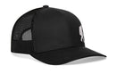 The Haka Hat Bigfoot Trucker Hat is a black snapback with a curved brim, mesh back panels, solid front, and a small white embroidered Sasquatch logo on the front left side.