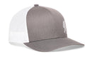 The Haka Hat Bigfoot Trucker Hat is a gray and white snapback with a curved brim, featuring the Haka Hat logo on the front left panel and breathable white mesh back panels for classic comfort and style.