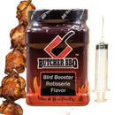 Butcher BBQ Bird Booster Rotisserie Flavor jar with skewered chicken and a syringe on a white background