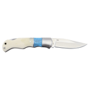 Bison River 3.5" Folding Knife with stainless steel blade and bone handle with blue shown with blade out