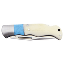 Bison River 3.5" Folding Knife with stainless steel blade and bone handle with blue shown with blade folded