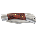 Bison River 3.5" Folding Knife with stainless steel blade and wood handle shown folded up