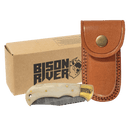Bison River 3.75" Damascus Steel Knife with Bone Handle and Leather Sheath