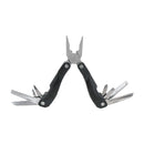 Bison River 4" 13 function multi tool with black finish and nylon sheath open with tools shown