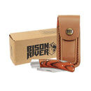 Bison River 4" wood and resin folding knife with satin stainless steel blade and leather sheath folded with sheath and box