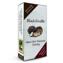 A box labeled Georgetown Olive Oil Co. Black Truffle - Olive Oil and Balsamic Vinegar Set, featuring images of black truffles and text highlighting the Black Truffle Gourmet Oil and Black Truffle Balsamic Vinegar by Georgetown Olive Oil Co. The packaging is accented in green and brown, displays detailed product information, and presents a convenient mini bottle set ideal for gourmet tastings or gifting.