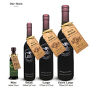 Four bottles of Georgetown Olive Oil Co. BLACK WALNUT Balsamic Vinegar | Barrel Aged, Modena Italy, are arranged from left to right in mini, small, large, and extra large sizes—each adorned with a brown tag and dark red cap. Enjoy the rich flavor of this aged balsamic vinegar from Georgetown Olive Oil Co. in every bottle.