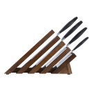 The Messermeister Blacksmith Next Level Block Set - 5 Piece features high-carbon stainless steel knives with black handles in a slanted wooden block, beautifully presented against a white background.