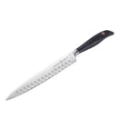 The Messermeister Blacksmith Kullens Carving Knife - 9" features a long, sharp blade with oval indentations and a black ergonomic handle, displayed on a white background.