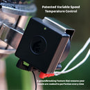 A close-up of the Flame Boss 400 WiFi Kamado Smoker Controller Kit (FB400-K) by Flame Boss, a black device attached to a grill with wires. Text highlights patented variable speed temperature control for precise Kamado grilling.