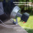 Close-up of the Flame Boss 400 WiFi Universal Smoker Controller Kit by Flame Boss attached to a grill, with wires connected and text highlighting its patented variable speed temperature control for precise cooking. Green grass is visible in the background.