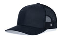 Introducing the Haka Hat Blank Trucker Hat | Snapback by Haka Hat—a black trucker cap featuring a solid front panel, curved brim, and breathable mesh back panels. This plain snapback includes a subtle logo tag on the mesh, making it ideal for custom patch hats or as a premium addition to your hat collection.