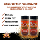 Blazing Star BBQ’s Blazing Bundle spotlights two bottles of their signature spice rubs—bold Trinidad Moruga Scorpion and fiery Carolina Reaper BBQ—each marked as MSG-FREE, GLUTEN FREE, NO PRESERVATIVES, and featuring QUALITY INGREDIENTS. The header highlights this spicy BBQ bundle as being packed with bold, intense flavor.