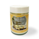 The SALTOPIA Infused Sea Salts Cheese Lovers Gift Set features gourmet cheese-infused sea salts, each in a jar with a white lid and colorful labels, perfect for elevating any dish with rich cheese flavor.