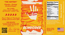 A vibrant hot sauce label for Culture Hot Sauce Blindsided, featuring a handprint, sunset, mountains, and a dog. The text highlights the Culture Hot Sauce brand, the Blindsided variety with smoky citrus hot sauce flavor details, ingredients list, nutrition facts, and storage instructions.