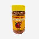 A spice jar with a yellow lid and a label that reads "Culture Hot Sauce Blindsided Rub" from Culture Hot Sauce, featuring an illustration of a flaming red pepper. The jar contains a chunky, ultra-spicy BBQ rub made with bold Carolina Reaper seasoning, perfect for those who crave intense heat.