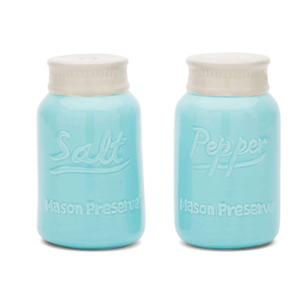 Blue ceramic Mason jar salt and pepper shakers with vintage farmhouse design
