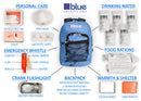 A blue Blue Coolers 72 Hour Emergency Kit Essential For 1 Person surrounded by survival supplies, including a first aid kit, KN95 mask, water, food rations, crank flashlight, solar blanket, rain poncho, and a multi-tool whistle.