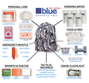 A Blue Seventy Two Ultimate Tactical 3 Day Emergency Kit For Preppers featuring a tactical camouflage backpack surrounded by a first aid kit, food rations, canteen cup, stove, whistle, flashlight, and survival gear, each labeled by category.