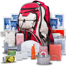 A red and grey Blue Seventy Two Ultimate Tactical 3 Day Emergency Kit For Preppers surrounded by emergency supplies, including water pouches, a first aid kit, a metal cup, waterproof matches, a whistle, a deck of cards, and food packets.