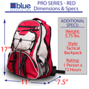 A 17-inch by 11-inch by 7.5-inch red and grey Blue Seventy Two Ultimate Tactical 3 Day Emergency Kit for Preppers, weighing 5.75 lbs and rated for 72 hours, showing its specific dimensions.