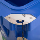 A corner of a Blue Coolers 60 Quart Roto Molded Cooler Superior Ice Retention Outdoors featuring a mounted stainless steel bottle opener.