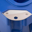 Close-up of a blue Blue Coolers 60 Quart Roto Molded Cooler corner featuring a metal plate with a padlock hole secured by two screws.