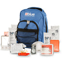 Blue Coolers 72 Hour Emergency Kit Essential For 1 Person featuring a blue backpack, packets of drinking water, food rations, a first aid kit, a whistle, and a dust mask.