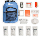 A Blue Coolers 72 Hour Emergency Kit Essential For 1 Person featuring a blue backpack and supplies, including a first aid kit, water pouches, thermal blanket, whistle, light stick, and face mask.