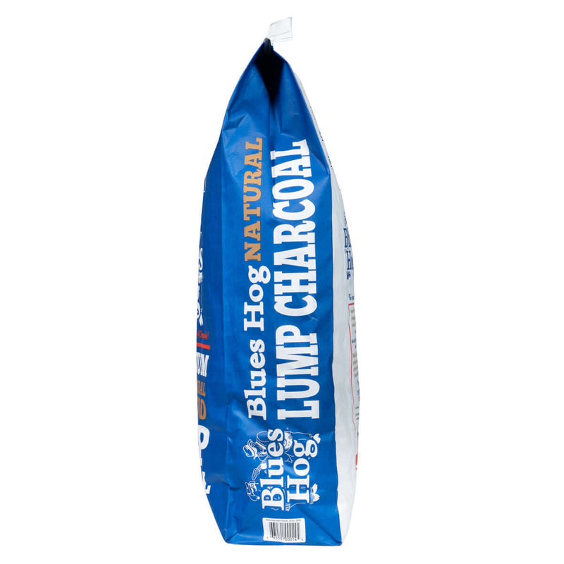 Blues Hog Natural Lump Charcoal bag with large Missouri hardwood chunks burning hot and clean side of bag