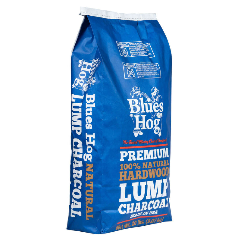 Blues Hog Natural Lump Charcoal bag with large Missouri hardwood chunks burning hot and clean side of bag