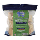 Blues Hog Premium Barkless Hickory Wood Chunks for smoking meat.  Wood shown in bag. Back of bag. 