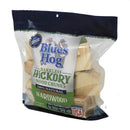 Blues Hog Premium Barkless Hickory Wood Chunks for smoking meat.  Wood shown in bag. Front of bag. 