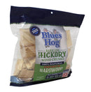 Blues Hog Premium Barkless Hickory Wood Chunks for smoking meat.  Wood shown in bag. Front of bag. 